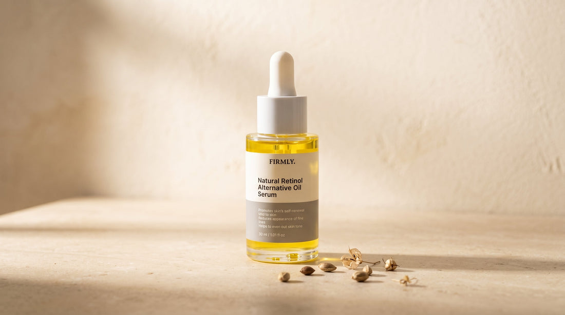 Firmly Natural Retinol Alternative Oil Serum — bakuchiol serum in a glass dropper bottle on a warm neutral surface