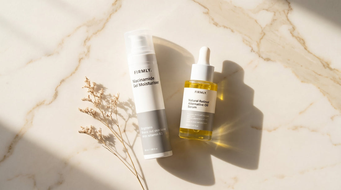Flat lay of niacinamide and retinol skincare products on beige surface — Firmly guide on combining niacinamide and retinol safely