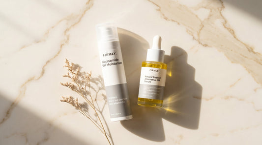 Flat lay of niacinamide and retinol skincare products on beige surface — Firmly guide on combining niacinamide and retinol safely
