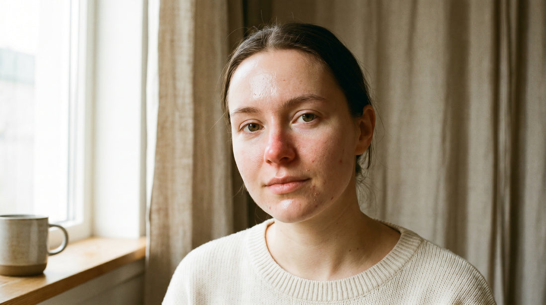 Young woman with acne-prone skin and redness looking at camera — niacinamide for acne guide by Firmly