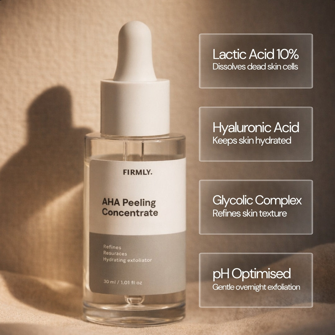Firmly AHA Peeling Concentrate benefits – Lactic Acid 10% dissolves dead cells, Hyaluronic Acid hydrates, Glycolic Complex refines texture, pH Optimised