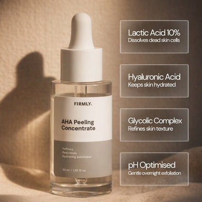 Firmly AHA Peeling Concentrate benefits – Lactic Acid 10% dissolves dead cells, Hyaluronic Acid hydrates, Glycolic Complex refines texture, pH Optimised