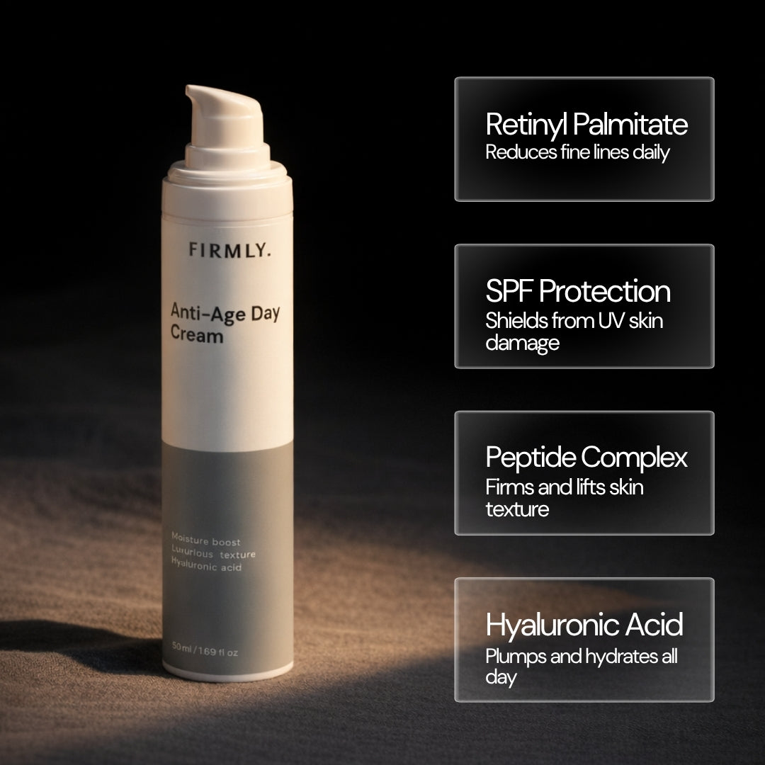 Firmly Anti-Age Day Cream benefits – Retinyl Palmitate reduces fine lines, SPF shields UV damage, Peptide Complex firms skin, Hyaluronic Acid plumps