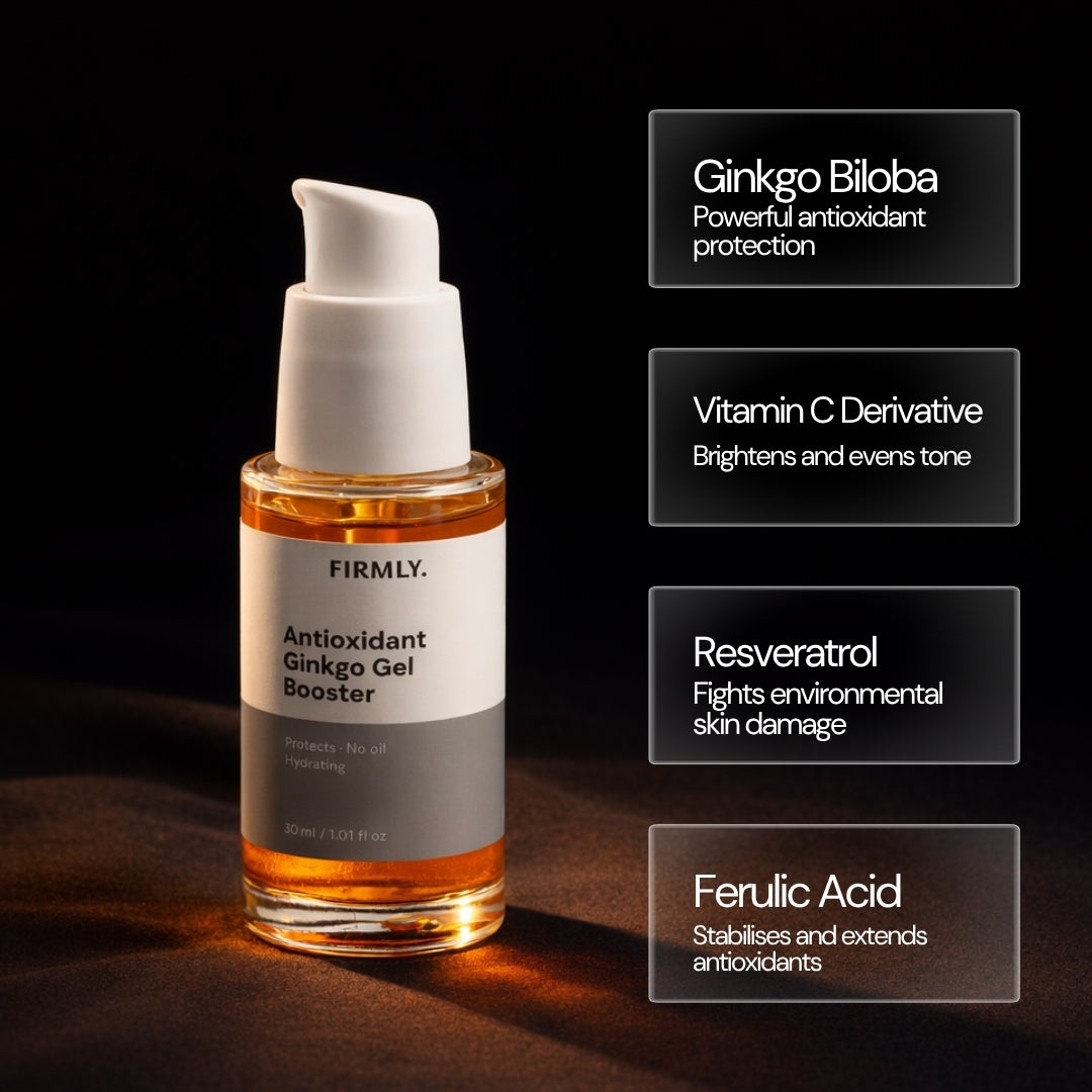 Firmly Ginkgo Gel Booster benefits – Ginkgo Biloba antioxidant, Vitamin C Derivative brightens, Resveratrol fights damage, Ferulic Acid stabilises
