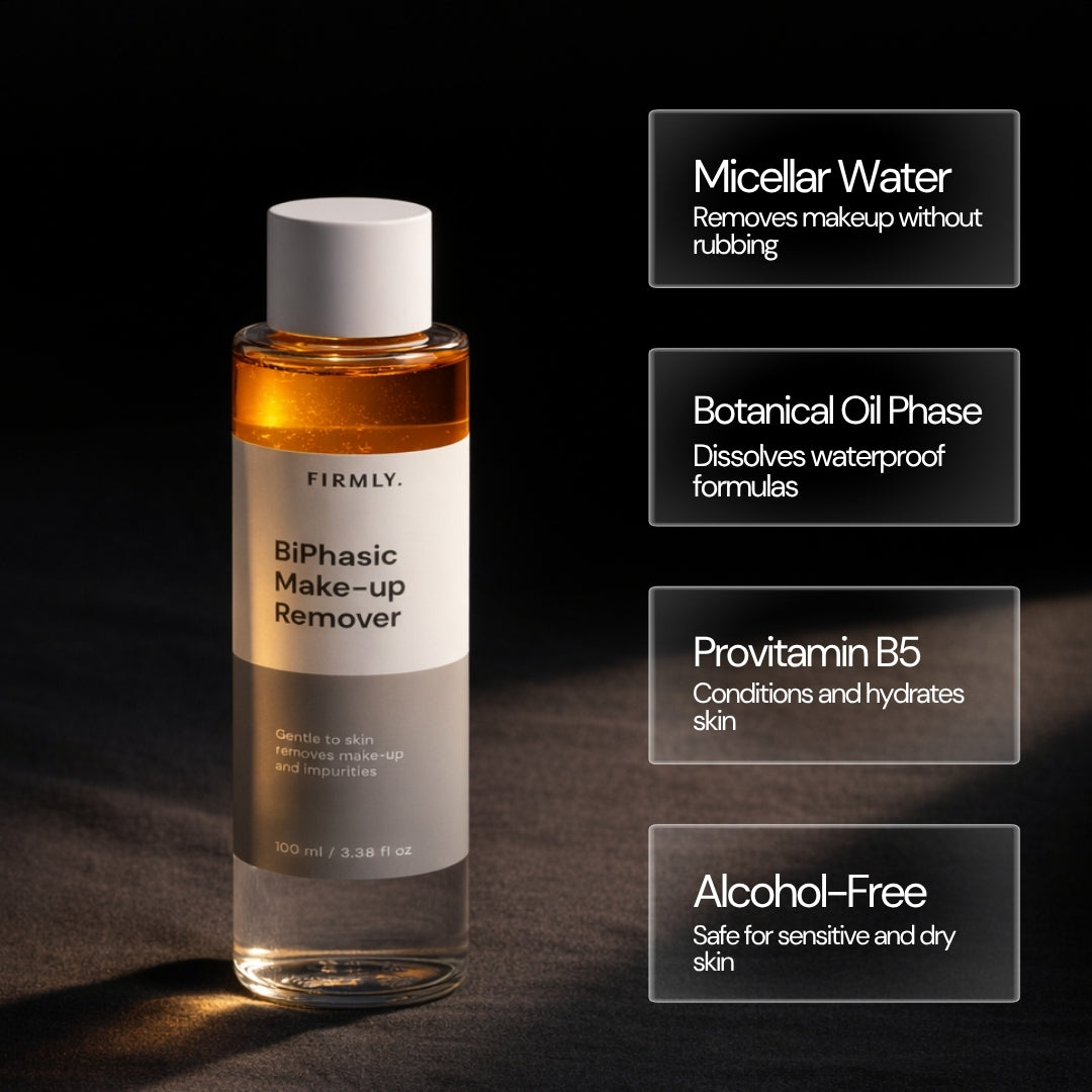 Firmly BiPhasic Make-up Remover benefits – Micellar Water, Botanical Oil Phase dissolves waterproof makeup, Provitamin B5 hydrates, Alcohol-Free