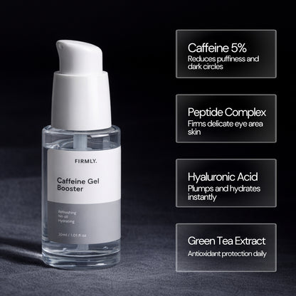 Firmly Caffeine Gel Booster benefits – 1% Caffeine depuffs, Peptide Complex firms eye area, Hyaluronic Acid plumps, Green Tea antioxidant