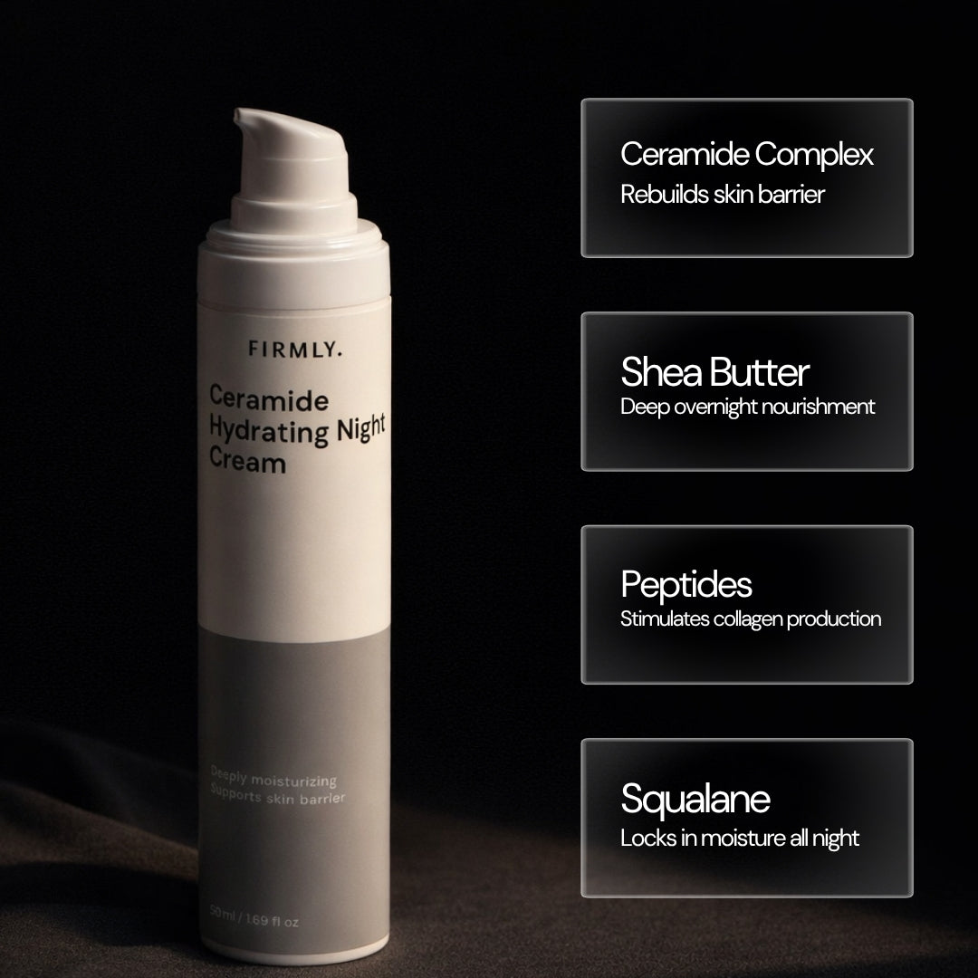 Firmly Ceramide Night Cream benefits – Ceramide Complex rebuilds barrier, Shea Butter nourishes overnight, Peptides stimulate collagen, Squalane locks moisture