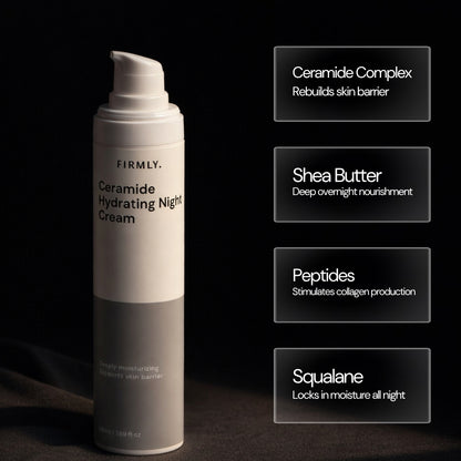 Firmly Ceramide Night Cream benefits – Ceramide Complex rebuilds barrier, Shea Butter nourishes overnight, Peptides stimulate collagen, Squalane locks moisture