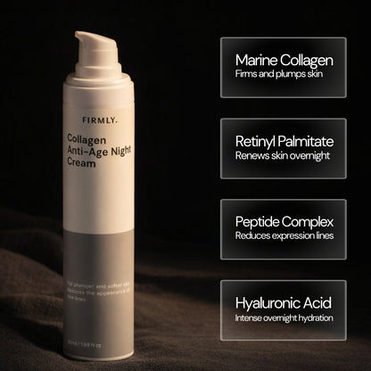 Firmly Collagen Night Cream benefits – Marine Collagen firms, Retinyl Palmitate renews overnight, Peptide Complex reduces lines, Hyaluronic Acid hydrates