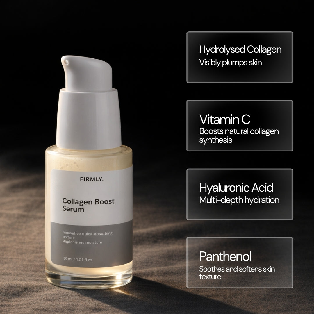 Firmly Collagen Boost Serum benefits – Hydrolysed Collagen plumps, Vitamin C boosts synthesis, Hyaluronic Acid multi-depth hydration, Panthenol softens