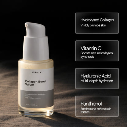 Firmly Collagen Boost Serum benefits – Hydrolysed Collagen plumps, Vitamin C boosts synthesis, Hyaluronic Acid multi-depth hydration, Panthenol softens