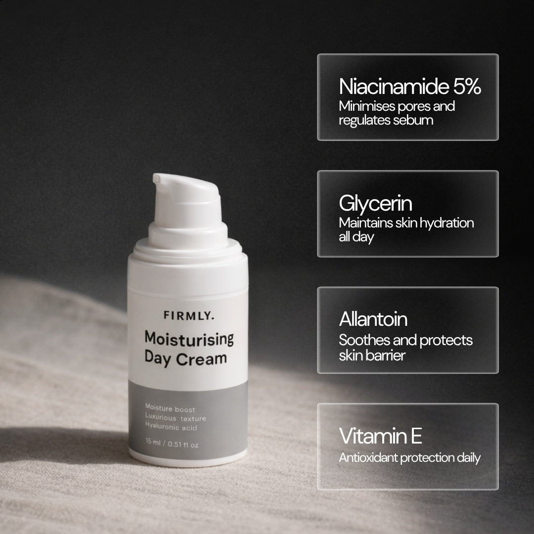 Firmly Moisturising Day Cream benefits – Niacinamide 5% minimises pores, Glycerin hydrates, Allantoin soothes barrier, Vitamin E antioxidant protection