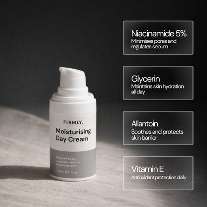Firmly Moisturising Day Cream benefits – Niacinamide 5% minimises pores, Glycerin hydrates, Allantoin soothes barrier, Vitamin E antioxidant protection