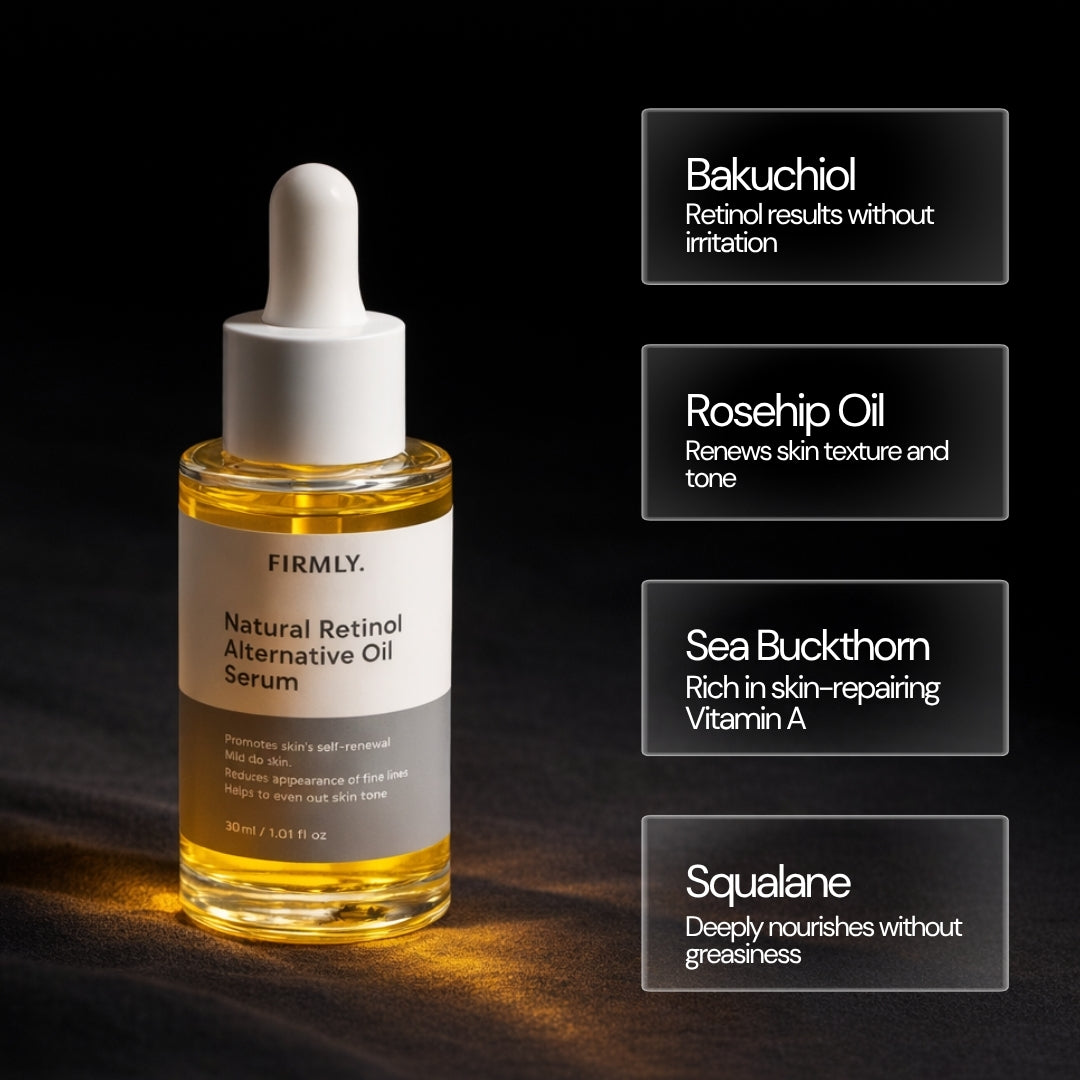 Firmly Natural Retinol Oil Serum benefits – Bakuchiol retinol results without irritation, Rosehip Oil renews texture, Sea Buckthorn Vitamin A, Squalane nourishes