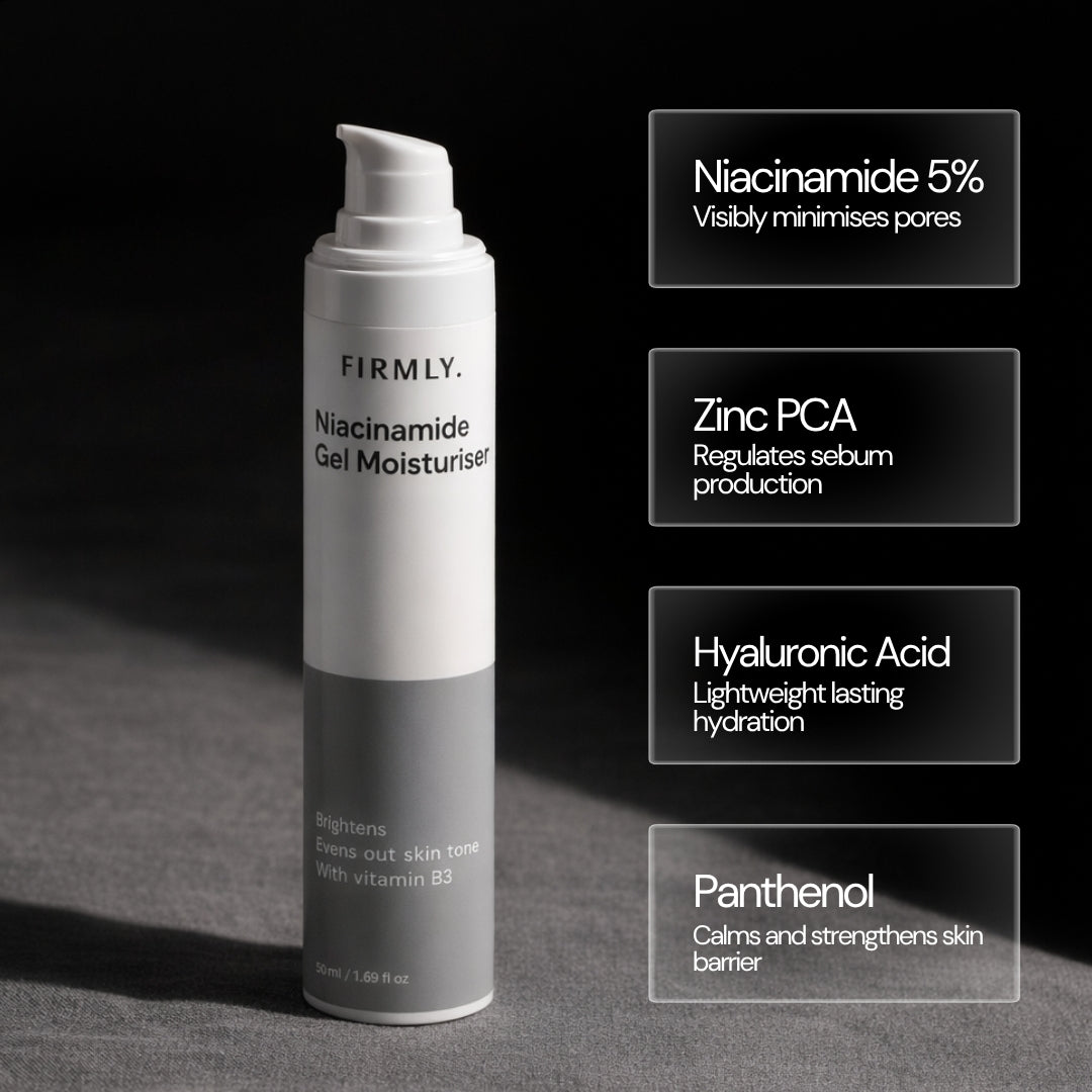 Firmly Niacinamide Gel Moisturiser benefits – Niacinamide brightens and minimises pores, Vitamin B3 evens skin tone, lightweight oil-free gel formula