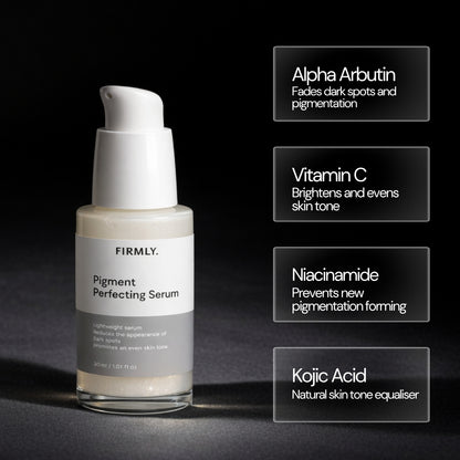 Firmly Pigment Perfecting Serum benefits – Alpha Arbutin fades dark spots, Vitamin C brightens, Niacinamide prevents pigmentation, Kojic Acid evens tone