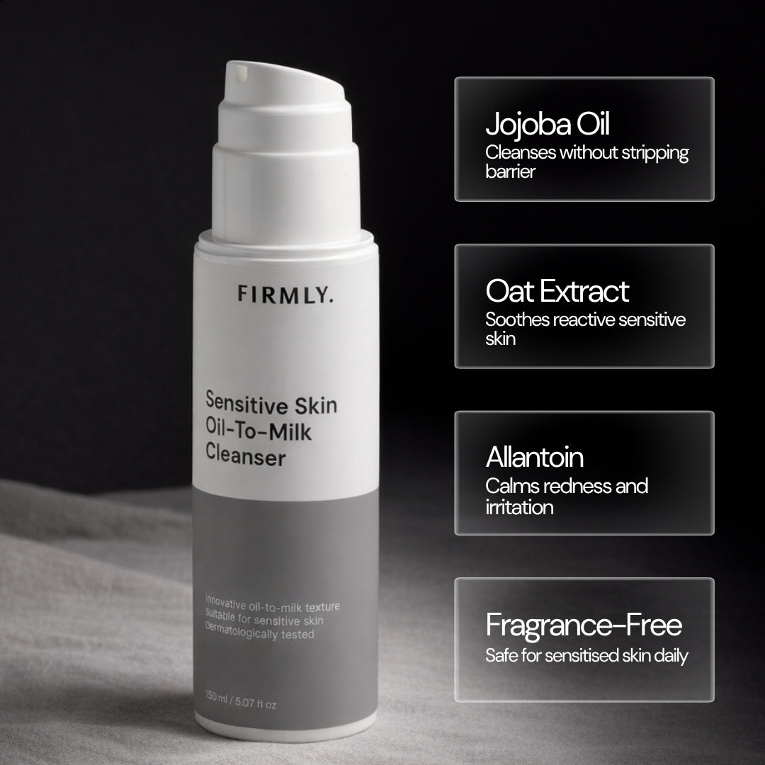 Firmly Oil-To-Milk Cleanser benefits – Jojoba Oil cleanses gently, Oat Extract soothes reactive skin, Allantoin calms redness, Fragrance-Free formula
