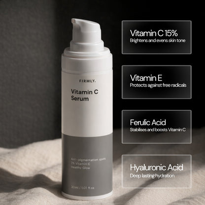 Firmly Vitamin C Serum benefits – 2% Vitamin C brightens skin, Vitamin E protects, Ferulic Acid stabilises and boosts efficacy, Hyaluronic Acid hydrates